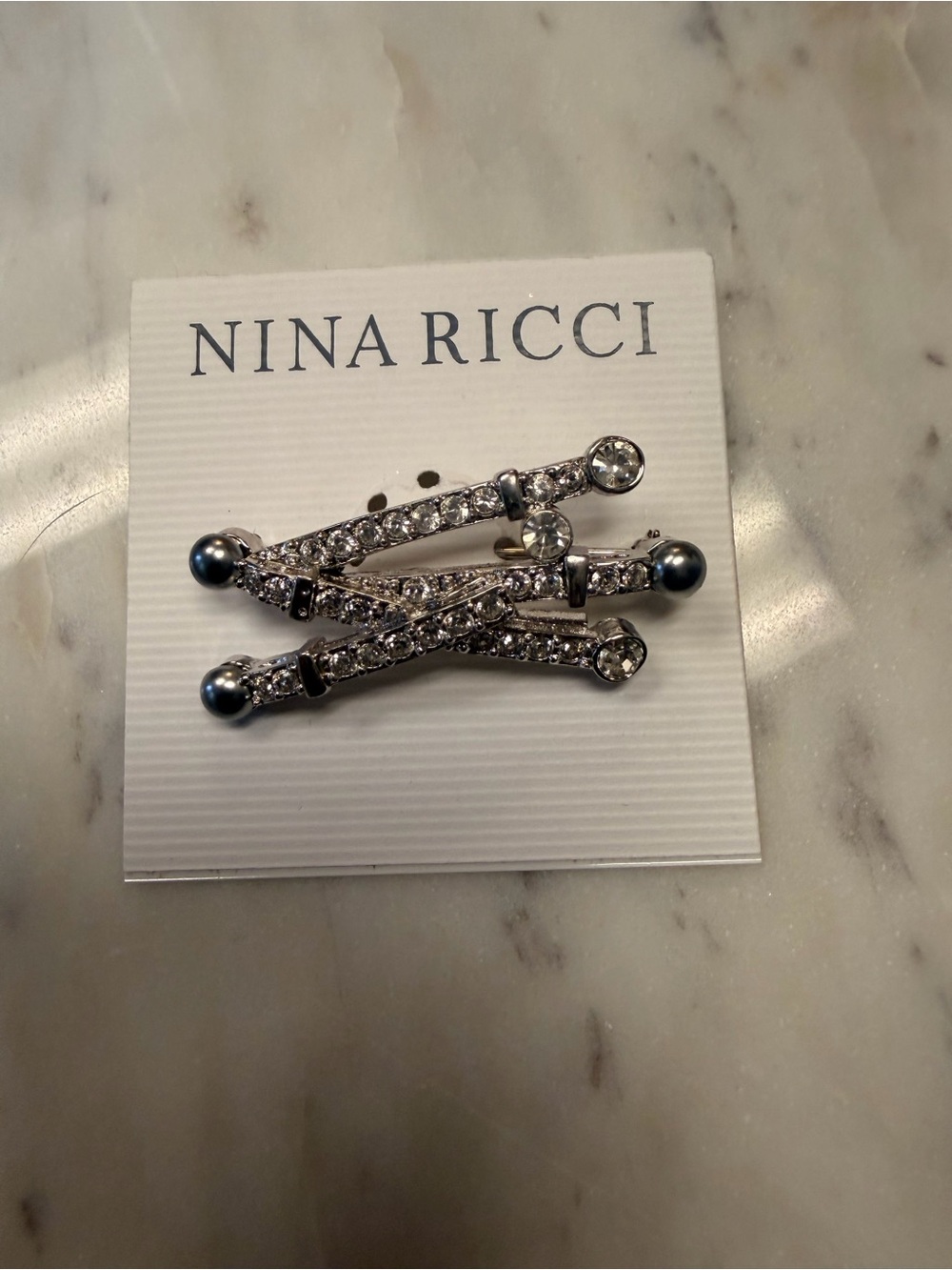 Nina Ricci Silver-Tone Crystal & Dark Gray Pearl Sculptural Brooch - Picture 2 of 3